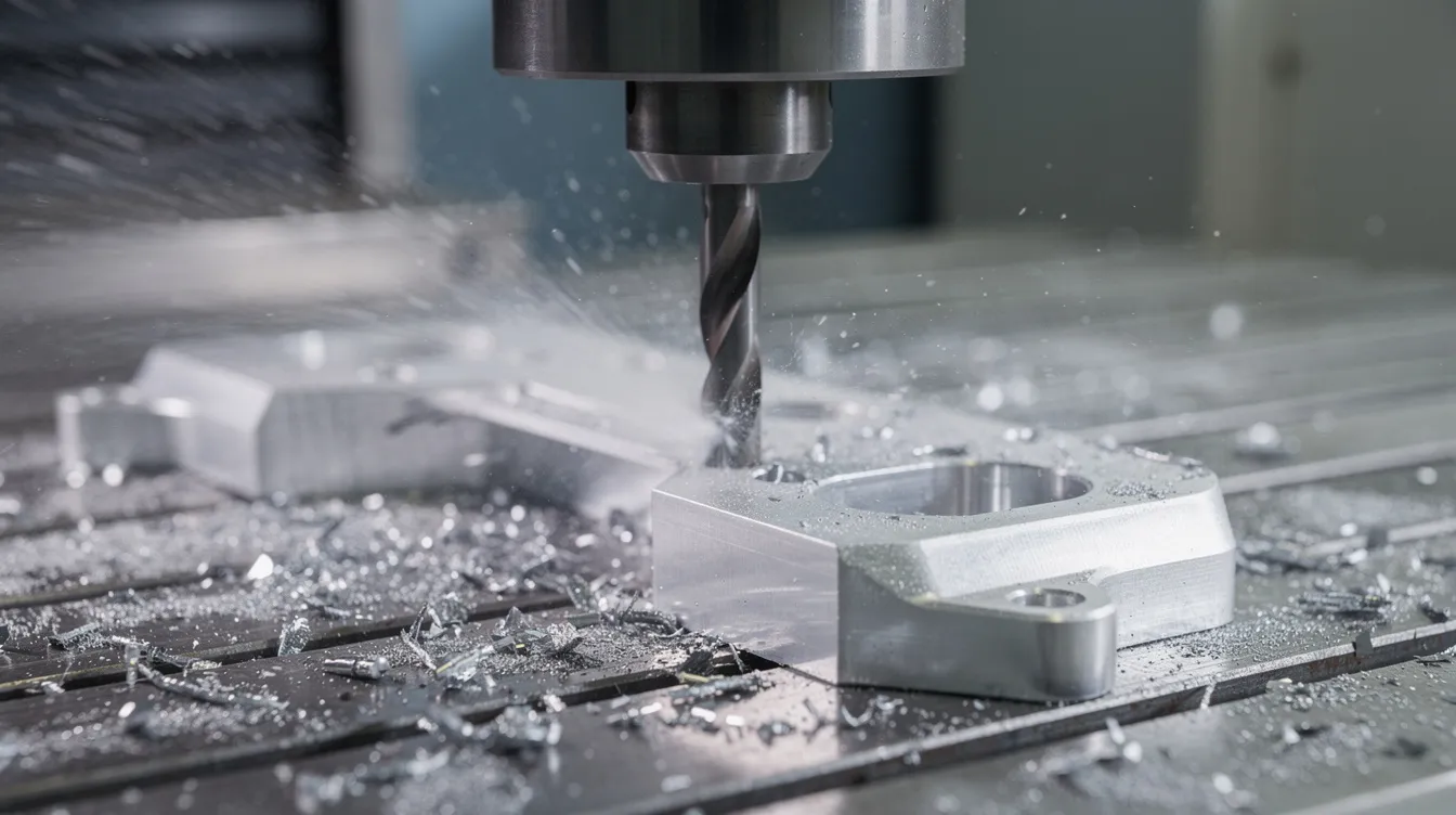 A close-up view of a CNC milling machine actively cutting an aluminum aerospace bracket, with a visible spray of coolant to maintain optimal temperature during the precision machining process. This image highlights the advanced technology utilized in aerospace machining services to produce critical aerospace components with tight tolerances.