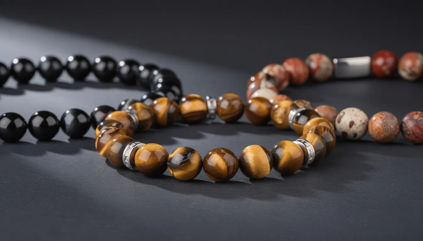 This image showcases a collection of men's bracelets featuring elegant stone accents, including striking tiger's eye, black obsidian, and jasper, designed to enhance any outfit. The bracelets are crafted with various materials such as leather and sterling silver, offering a versatile and sophisticated accessory option for men.