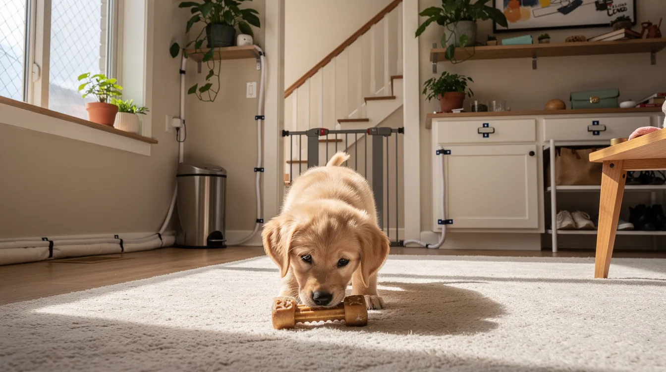 The image depicts a cozy living room that has been carefully puppy proofed for a new furry family member. You can see chew toys scattered on the floor, baby gates securing certain areas, and electrical cords neatly tucked away to prevent potential hazards for a curious puppy.
