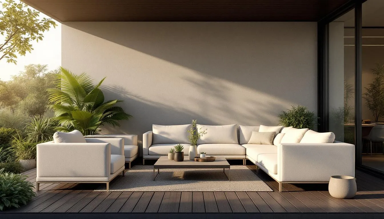 An outdoor living area with comfortable seating and greenery, perfect for relaxation.