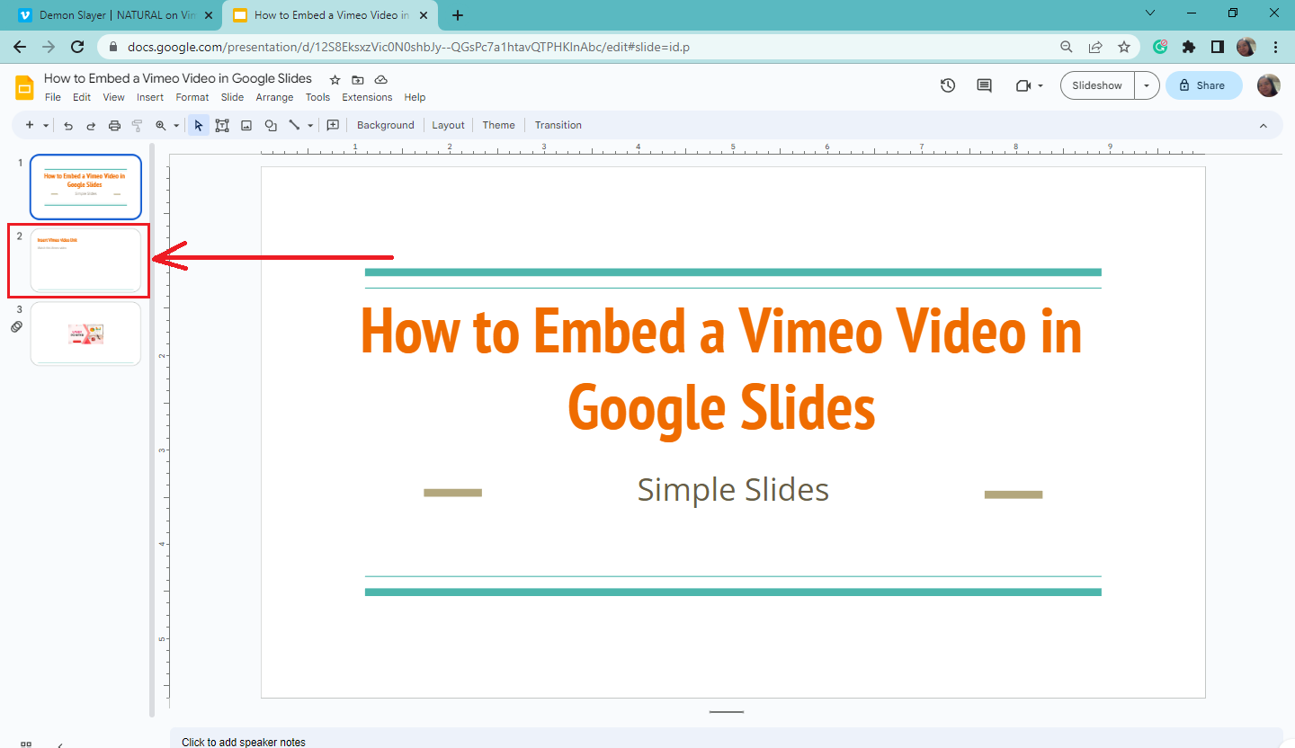 Then go to your existing presentation in Google Slides and select a slide where you want to embed it.