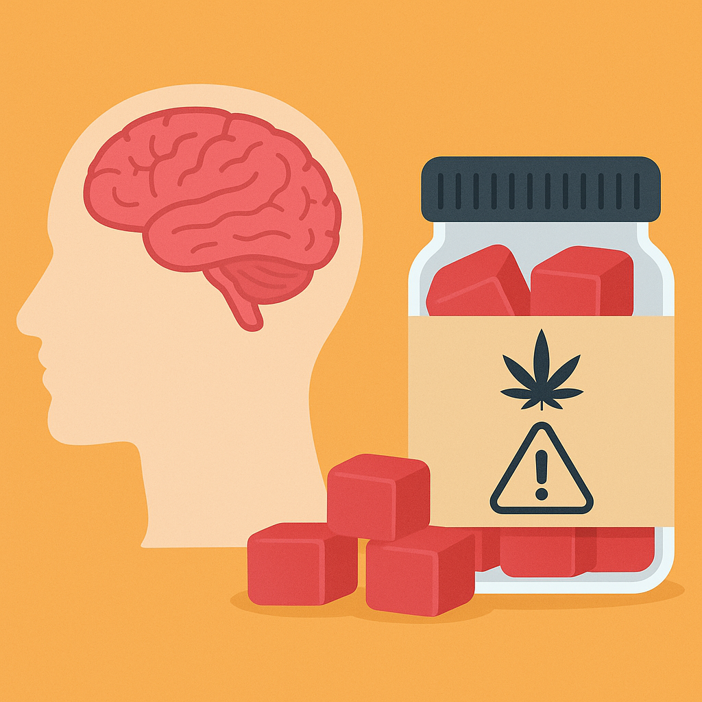 Flat-style illustration of a human head with a visible pink brain next to a jar filled with red THC gummies, labeled with a cannabis leaf and warning symbol, set against an orange background.