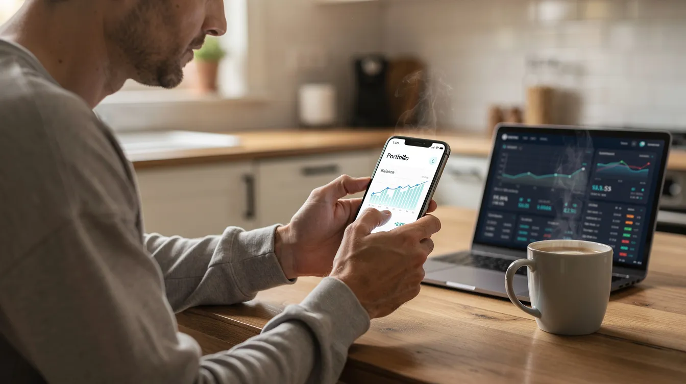 A person is seated at a kitchen table, intently reviewing financial information on their smartphone, which may include details about home equity loans or a revolving credit line. The setting suggests a casual yet focused approach to managing finances, possibly related to an investment property or non-owner occupied home.
