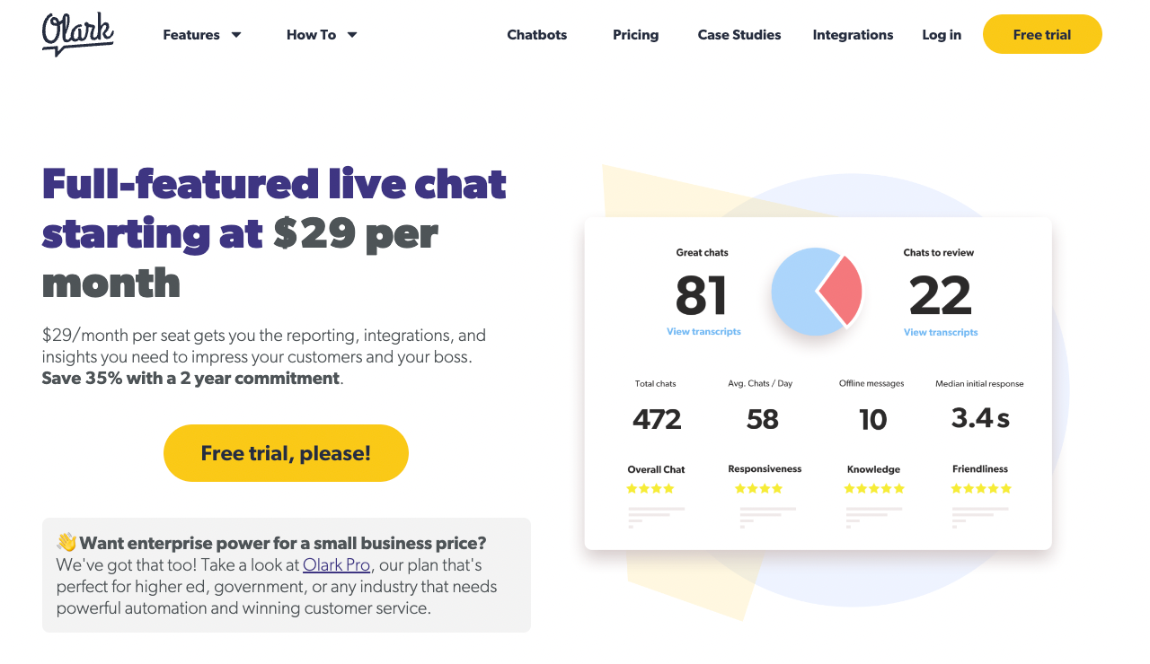 Pricing of live chat software provider, Olark.