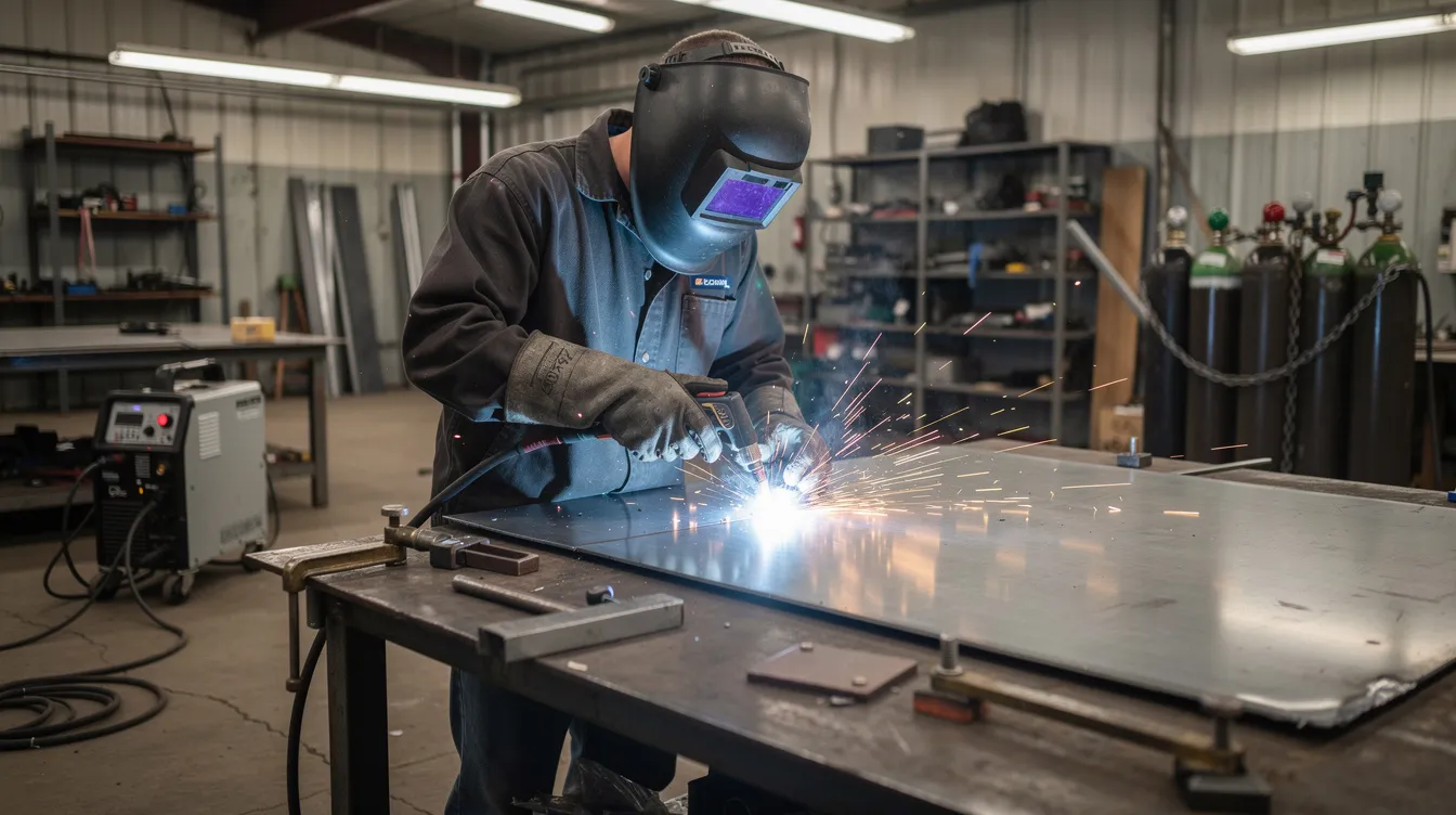 A workshop scene depicts a person MIG welding a thin steel panel, which is clamped securely to a workbench. The welder is wearing a welding helmet and using a MIG welder to join the thin sheet metal, showcasing the process of working with auto body sheet metal.