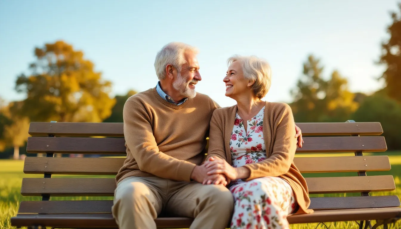 An elderly couple is enjoying their retirement outdoors, sitting together on a park bench surrounded by lush greenery. They appear relaxed and happy, symbolizing the joy of retirement income and the importance of planning for financial security through life insurance retirement plans.