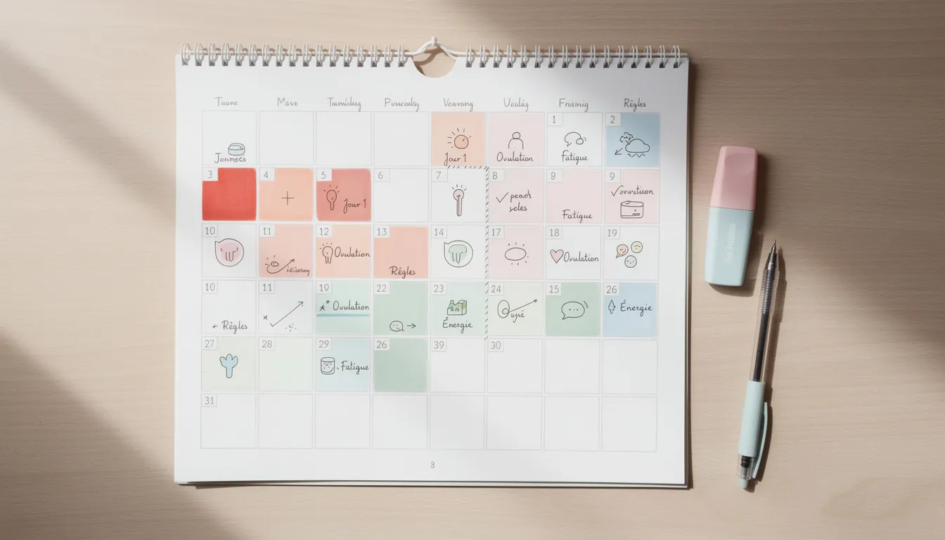 Un calendrier coloré montre le suivi des cycles menstruels, avec des annotations indiquant les menstruations, l'ovulation et les changements hormonaux. Cet outil peut aider les femmes à mieux comprendre leur cycle et à identifier les irrégularités éventuelles, les invitant à consulter un professionnel de santé si nécessaire.