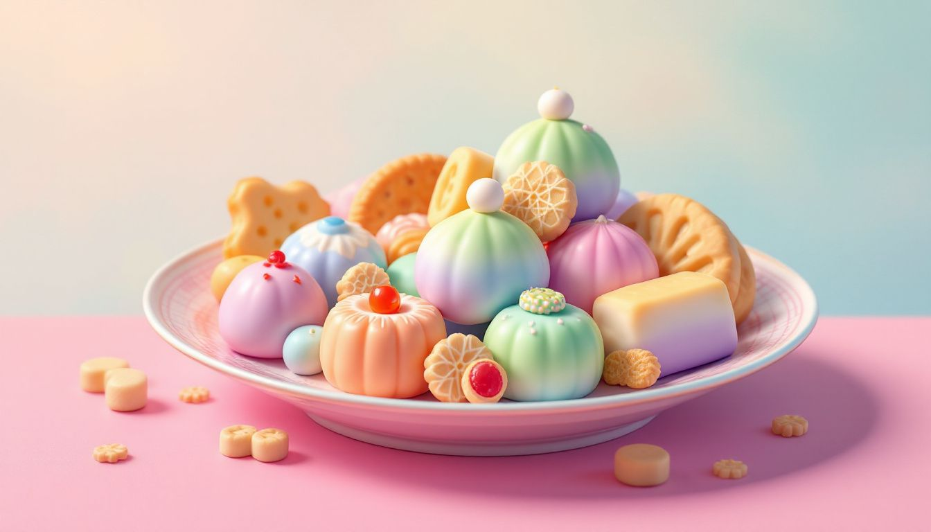 Różnorodne japońskie słodycze na talerzu.