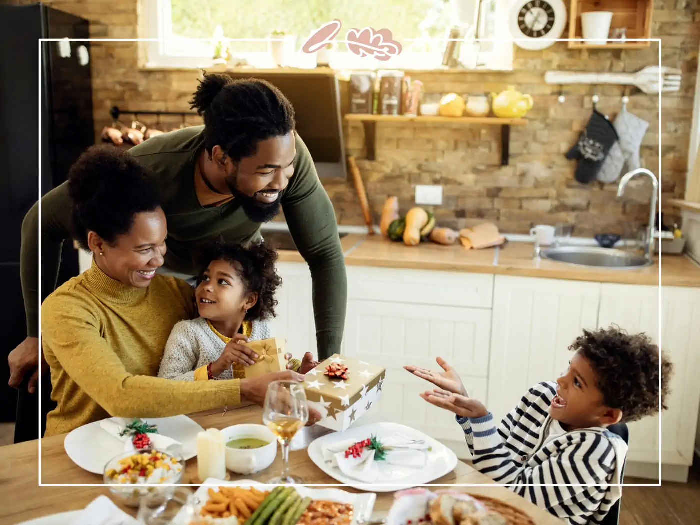 Family of four in the kitchen, with parents and children enjoying a meal together, Fabulous Flowers and Gifts