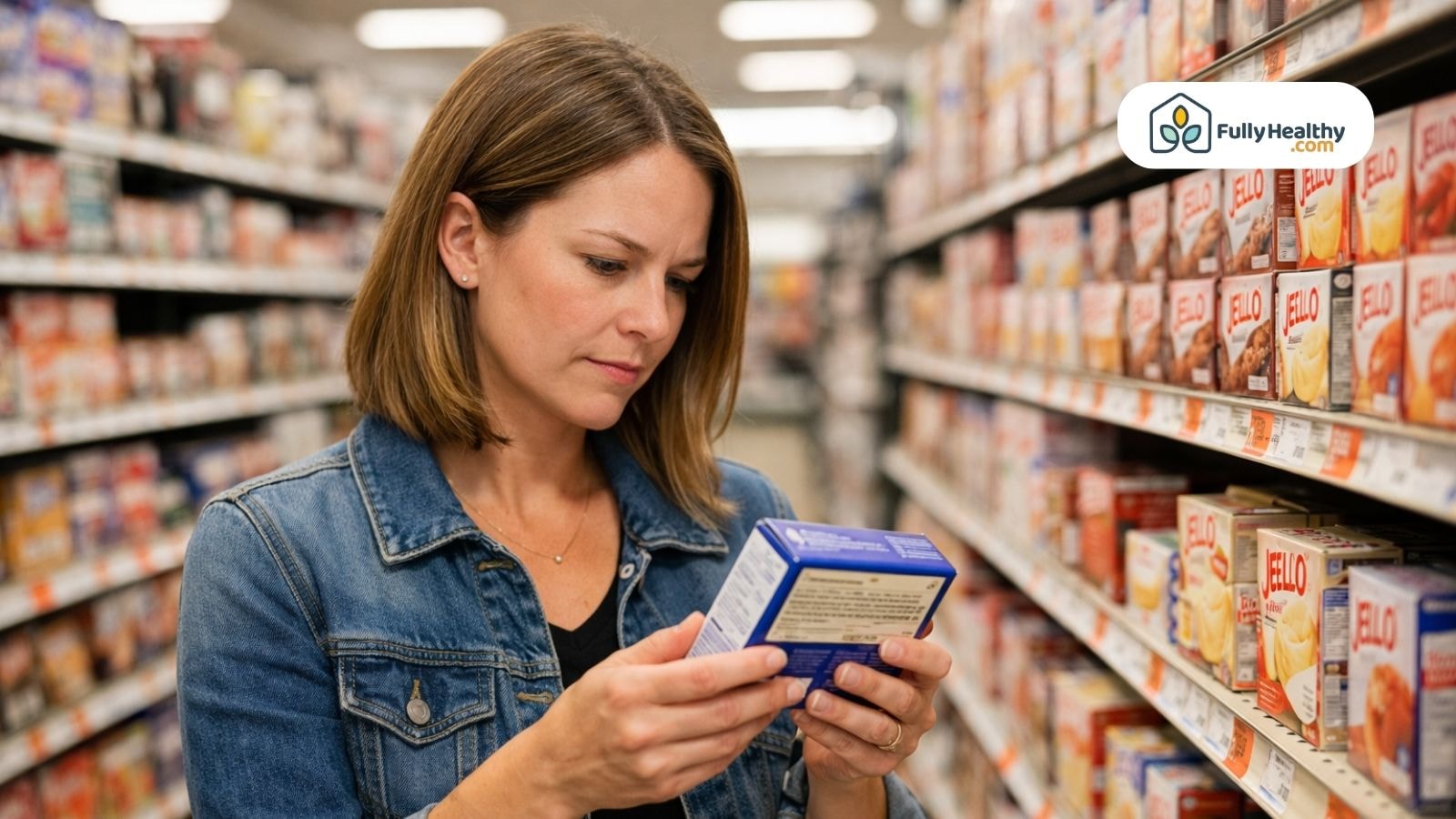 Woman reading pudding ingredient label in grocery store aisle