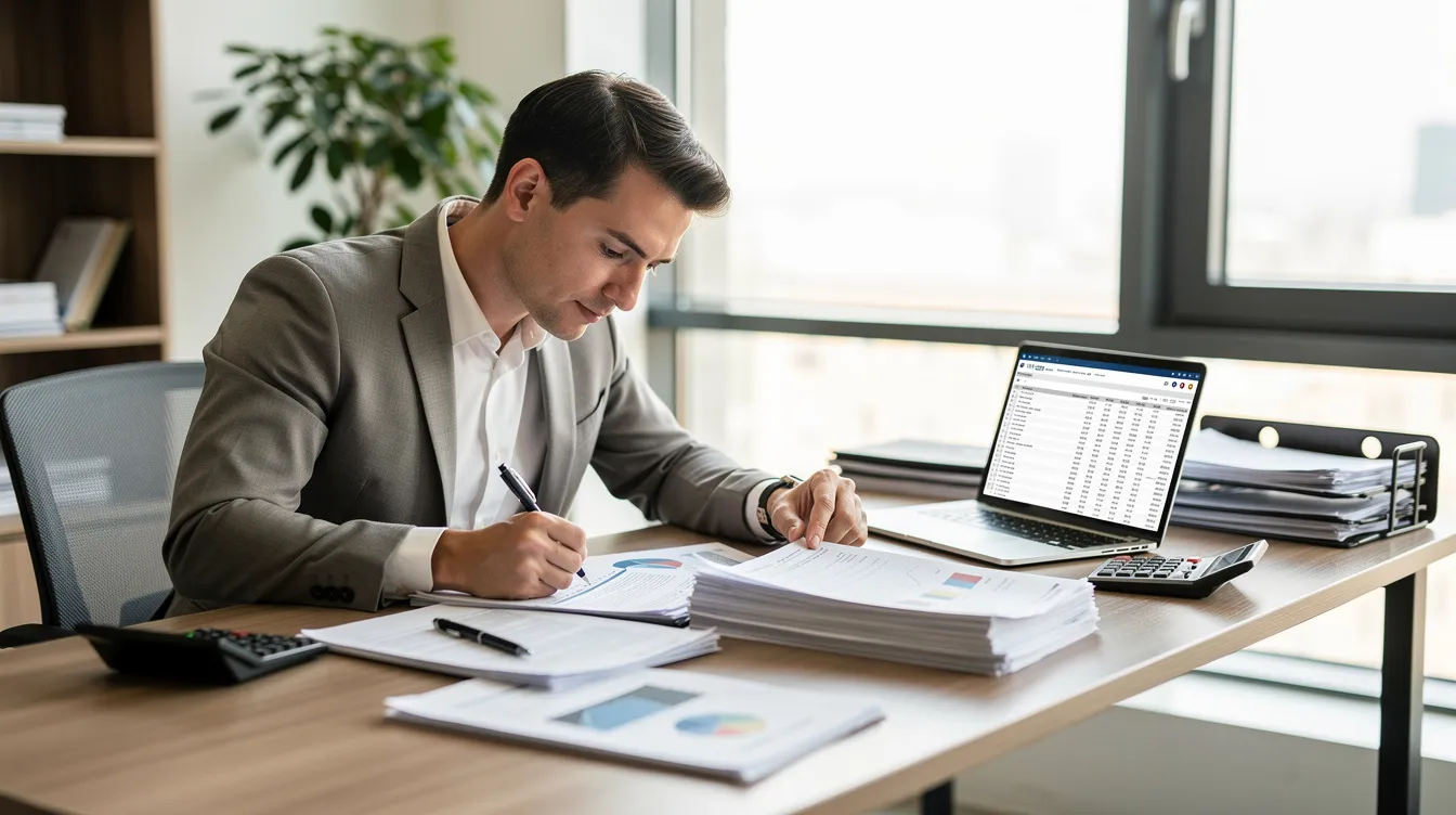 A business owner is seated at their office desk, meticulously reviewing tax documents related to employee retention credit and other tax liabilities. The scene captures the importance of understanding eligibility requirements for tax credits, such as the gross receipts test and the impact of government orders on business operations.