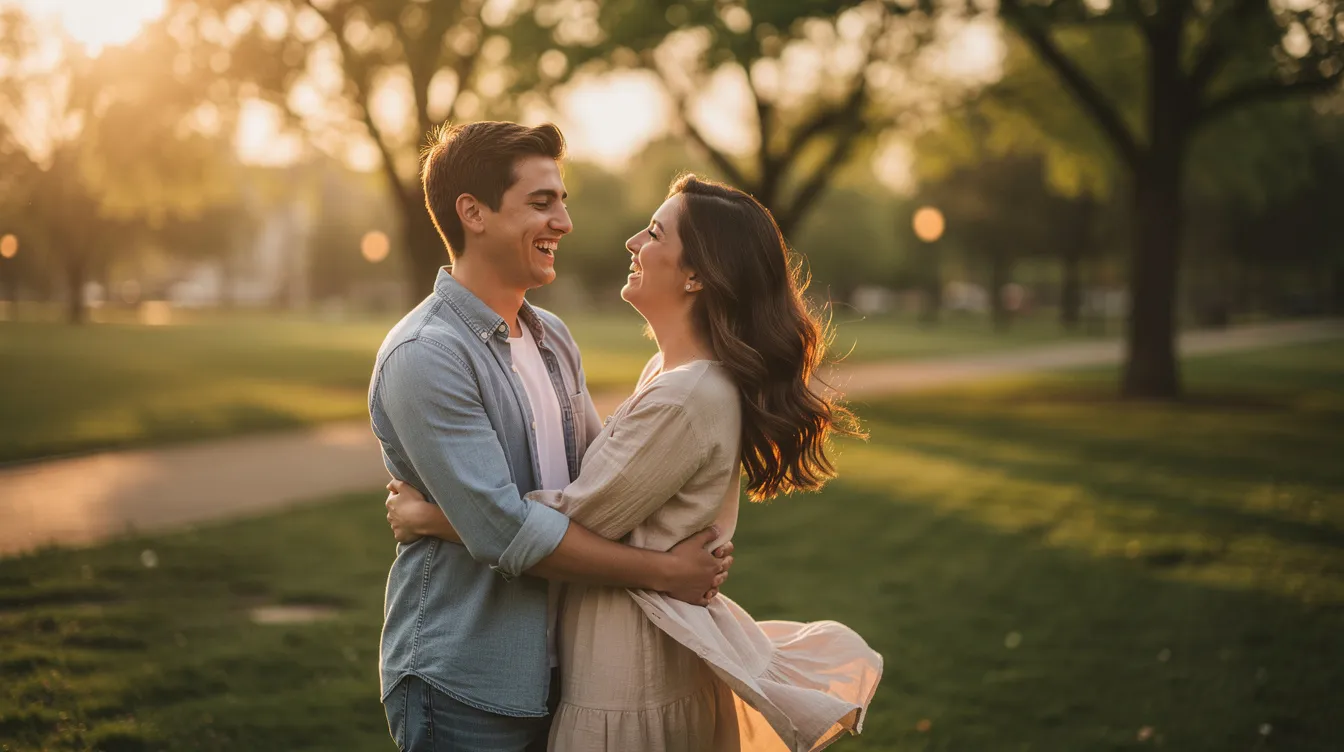 A joyful couple is enjoying a sunny day outdoors, laughing and sharing a deep connection that reflects their compatibility and shared values. Their playful interaction demonstrates the importance of quality time and emotional intimacy in building a healthy relationship.
