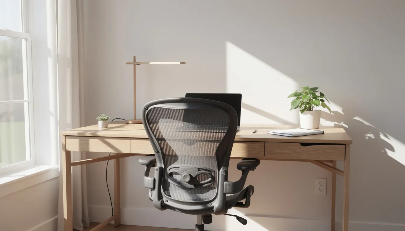 A modern home office features a sleek wooden desk paired with an ergonomic chair, bathed in natural light from a nearby window, creating an inviting workspace organized for productivity. The room is designed to enhance focus and comfort, making it a stylish and functional environment for work or creativity.