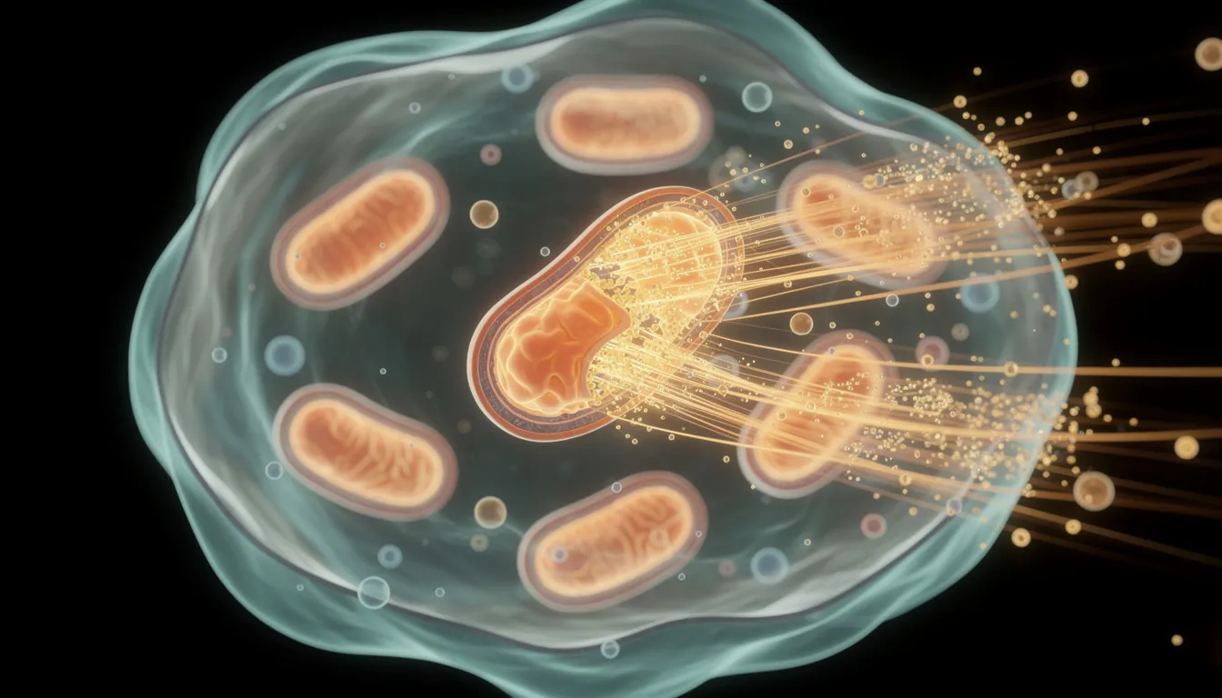 The image depicts mitochondria within a cell, showcasing energy particles flowing, symbolizing cellular energy production and the vital role of mitochondria in maintaining cellular health. This visual representation highlights the importance of NAD and NMN in supporting energy metabolism and promoting healthy aging.