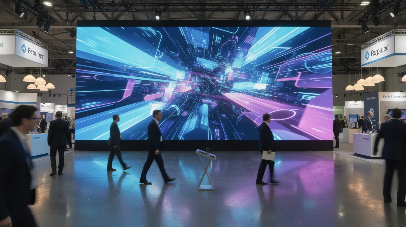 A large LED video wall display dominates a bustling trade show floor, showcasing vibrant visuals as attendees walk by, engaging with the content. This dynamic setup highlights the importance of video production in building brand awareness and connecting with potential customers.