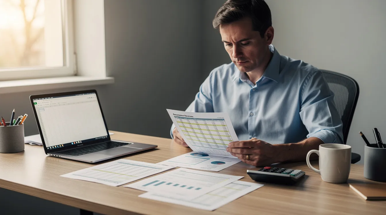 A small business owner is seated at a desk, reviewing financial documents with a calculator and laptop in front of him. The scene reflects the diligent work involved in managing a micro enterprise, possibly in the context of applying for mudra loans or assessing his satisfactory credit track record for future financing.