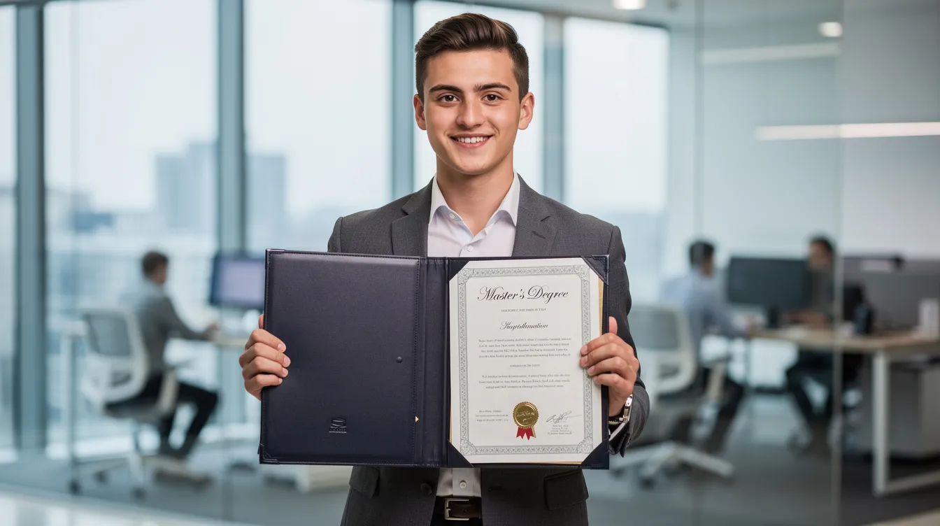 A person is proudly holding a master's degree diploma in a professional office environment, symbolizing their academic achievement and advanced education. This scene reflects the importance of educational attainment and the value of master's degrees in today's job market.