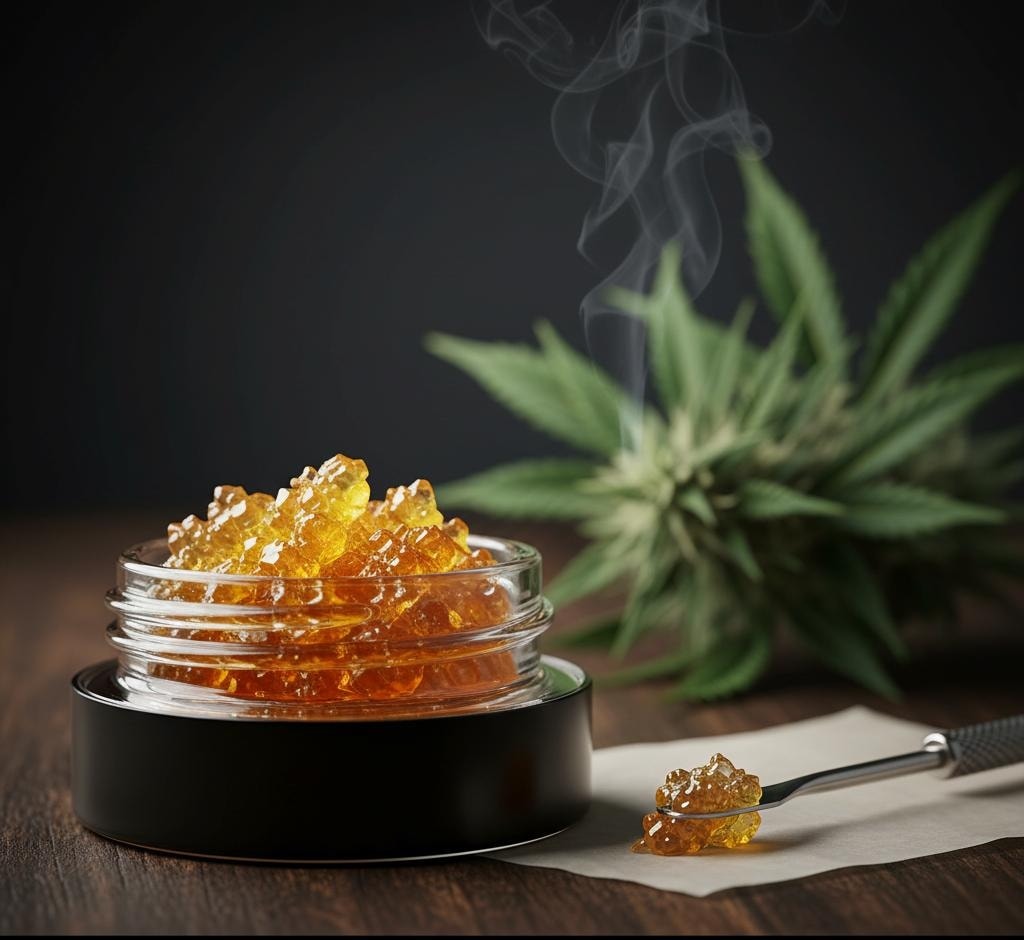A small, clear glass jar filled with glistening golden live resin concentrate sits on a black base on a dark wooden surface. Wisps of smoke or vapor gently rise from the concentrate, indicating its potent nature. Next to the jar, a dab tool holds a small amount of the same golden concentrate, resting on a piece of parchment paper. In the blurred background, a cannabis plant with visible leaves and buds can be seen, reinforcing the product's origin. A black bar at the bottom features white text that reads "LIVE RESIN - THE FULL SPECTRUM EXPERIENCE."