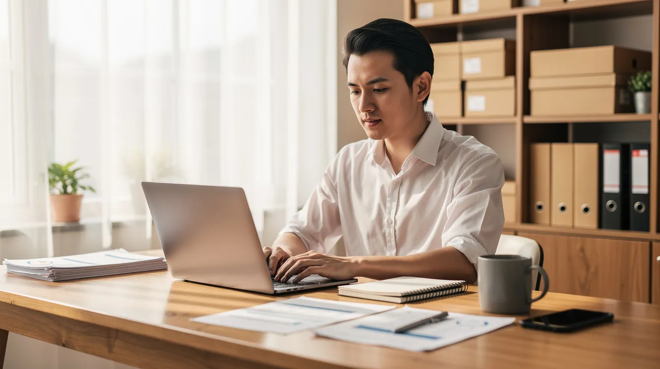 A small business owner is seated at a desk, focused on their laptop as they manage invoices and track payments. The workspace is organized, featuring tools for creating professional invoices and sending payment reminders, essential for maintaining cash flow and customer relationships.