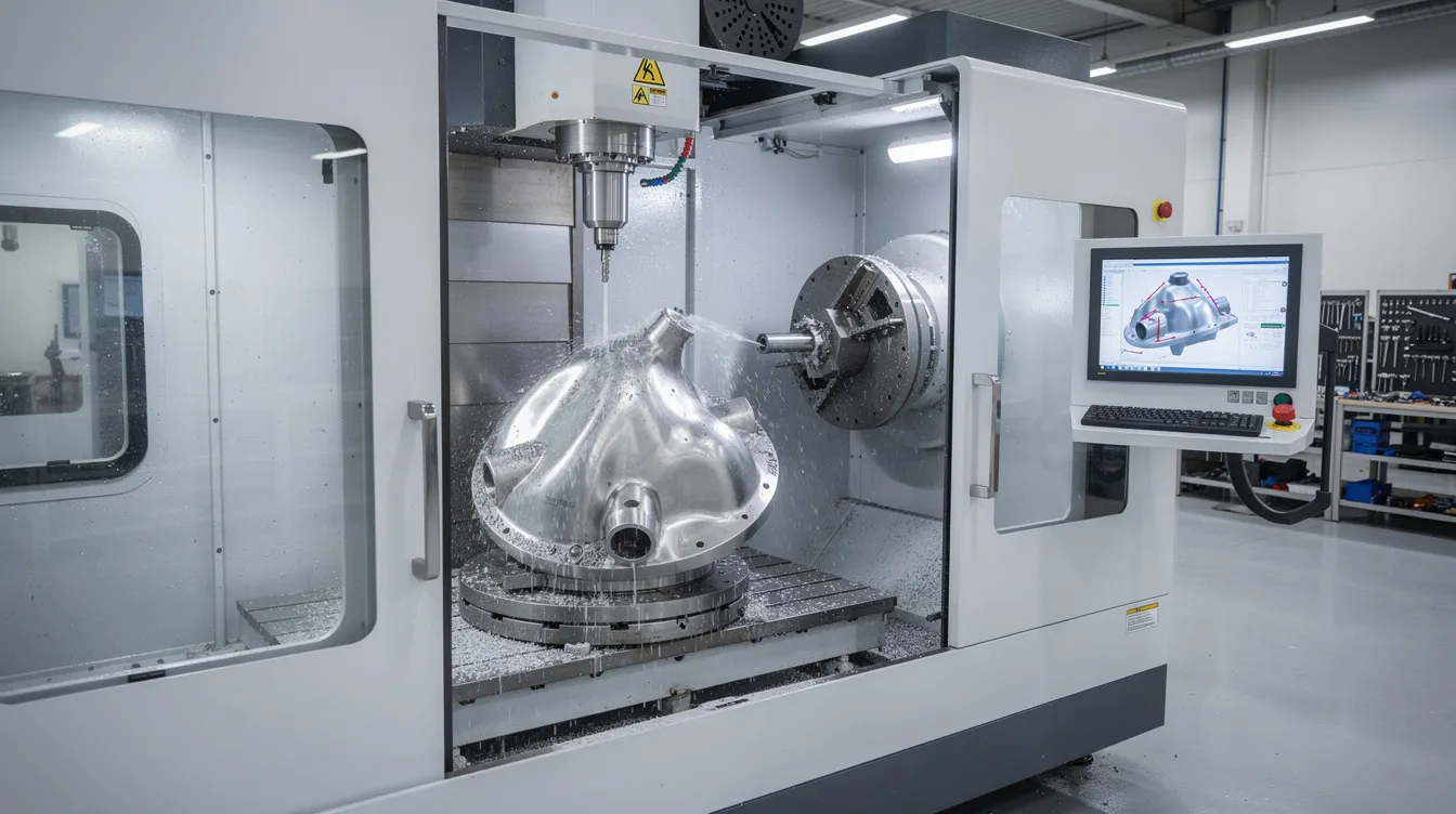 The image depicts a five-axis CNC machining center equipped with a rotary table, actively processing a complex aerospace component. This advanced CNC machine utilizes computer numerical control and cutting tools to achieve precise machining processes, essential for creating intricate parts in the manufacturing industry.