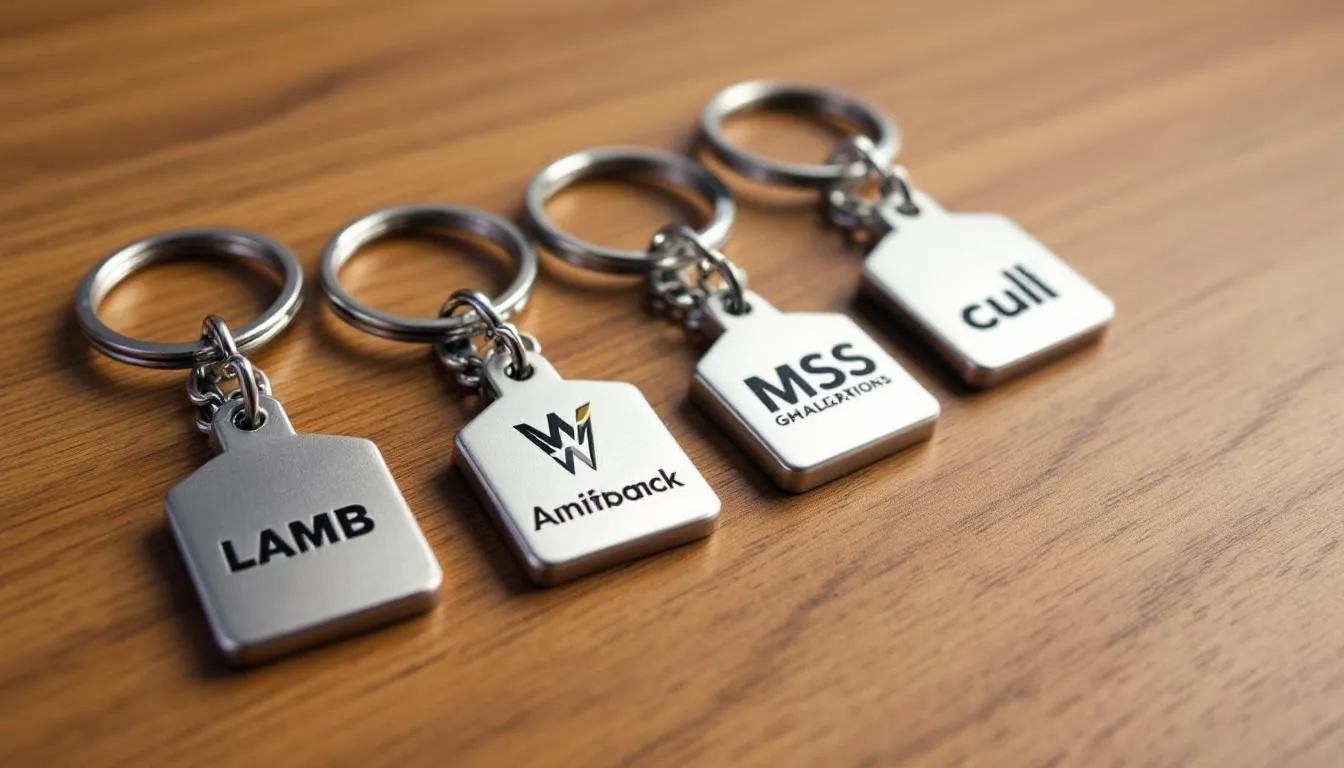 Na drewnianym biurku leżą eleganckie breloki metalowe z różnymi logo firm, które mogą być idealnym rozwiązaniem jako breloki reklamowe lub upominki promocyjne. Każdy z nich wyróżnia się unikalnym wzornictwem, co zwiększa świadomość marki.