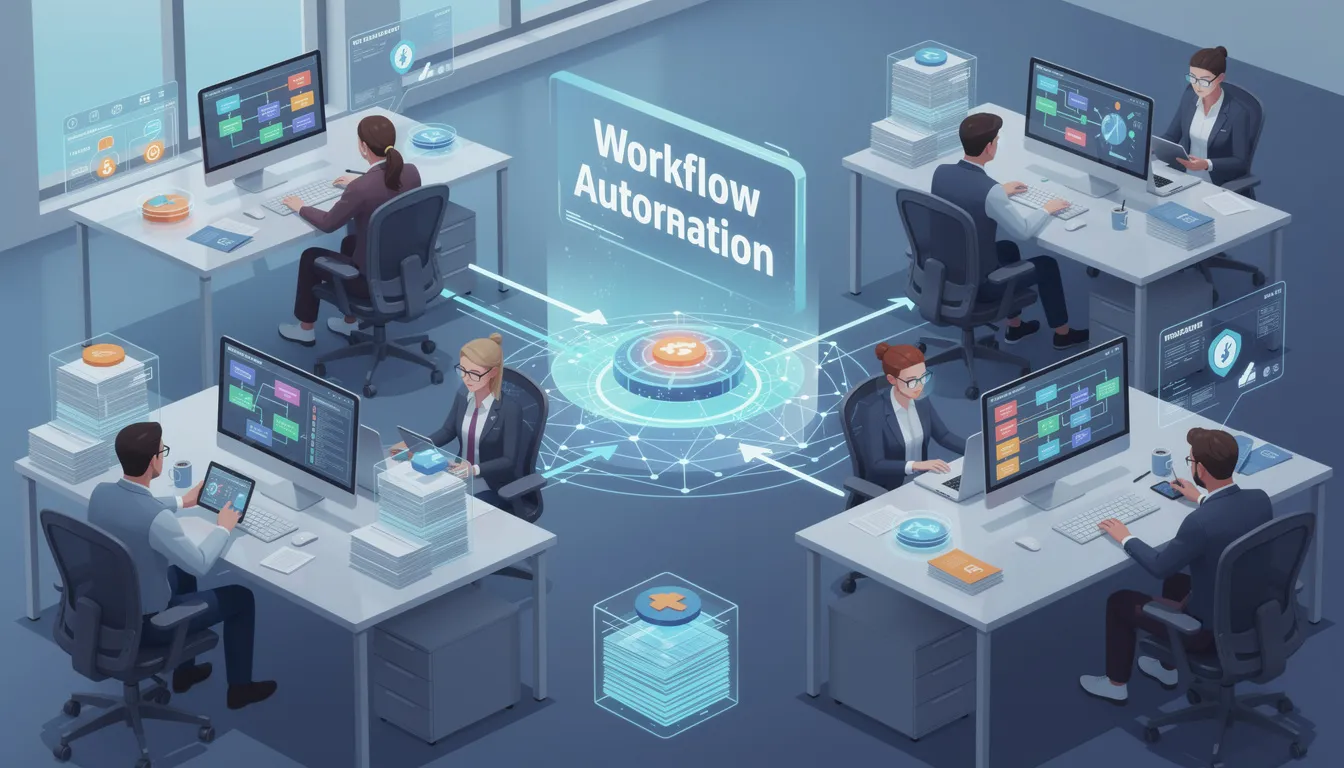 The image depicts a digital dashboard showcasing various aspects of workflow automation, including automated systems for marketing and sales processes. It highlights tools for automating repetitive tasks, such as follow-up emails and lead nurturing, aimed at helping small business owners improve efficiency and save time in managing customer interactions.