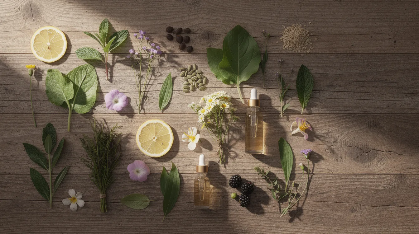 The image features a variety of fresh, natural botanical ingredients, including herbs and roots, beautifully arranged on a rustic wooden surface. These ingredients are often used in dietary supplements to support male vitality, enhance physical performance, and promote healthy energy production.