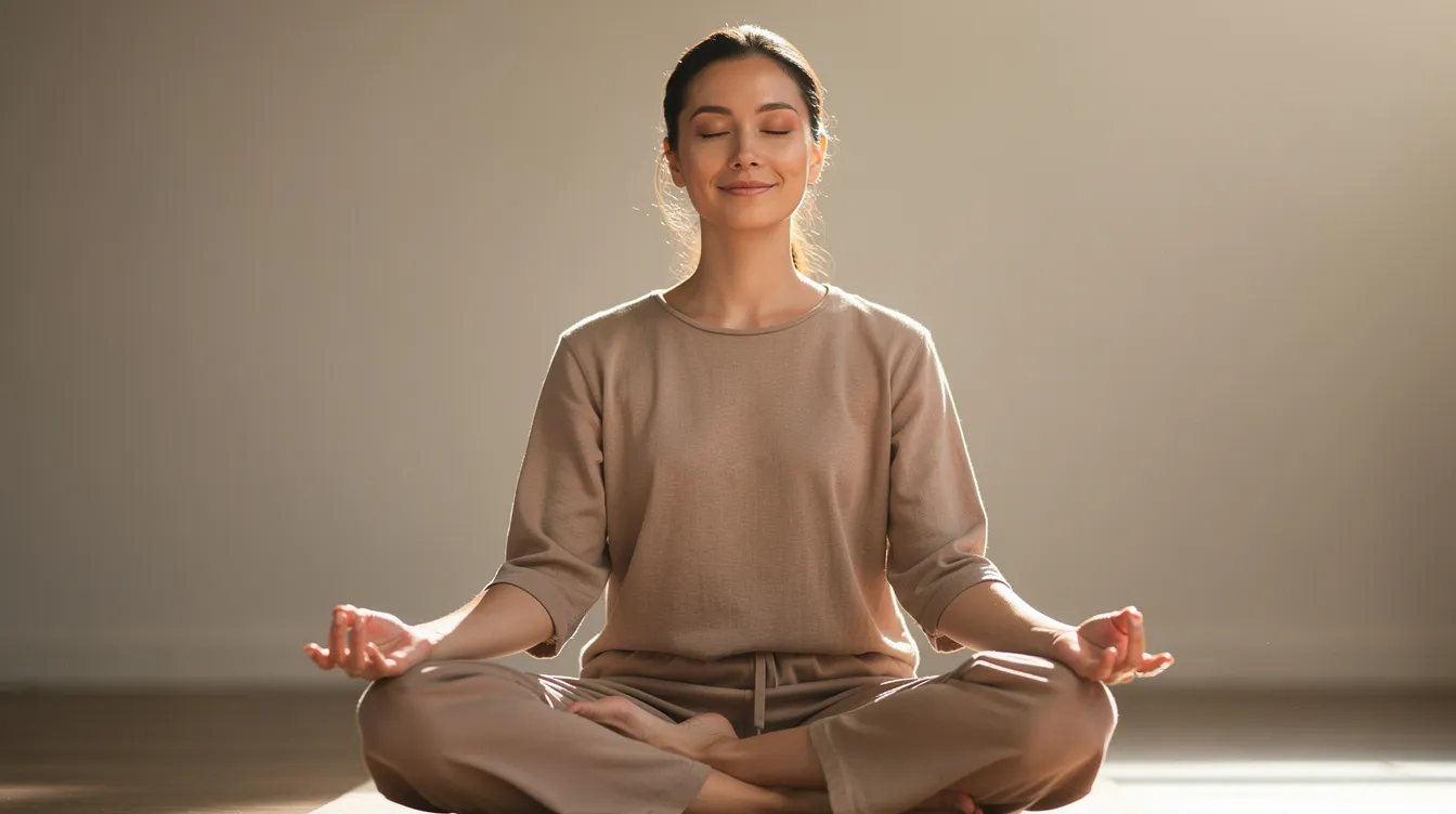 A person sits peacefully in a meditation pose with their eyes closed, embodying calm and tranquility as they focus on deep breathing to overcome sleep anxiety and racing thoughts. This serene moment reflects the benefits of meditation for achieving a better night&rsquo;s sleep and managing nighttime anxiety.