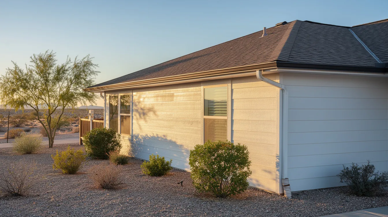 The image depicts a well-maintained residential home set against a semi-arid landscape, showcasing clean seamless gutters and clear downspouts along the roofline, emphasizing efficient gutter installation. This setup helps prevent issues like ice dams and water damage, ensuring long-lasting protection for the home's foundation.