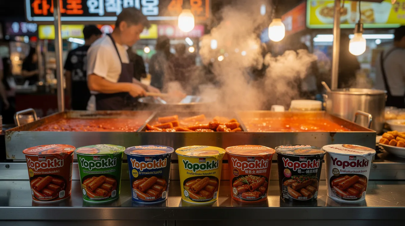 The image features the packaging of Yopokki instant tteokbokki, showcasing its vibrant design, alongside a bustling Korean street food stall filled with various dishes. The stall highlights popular Korean cuisine, including chewy rice cakes, spicy gochujang sauce, and various toppings like fish cakes and boiled eggs, inviting food lovers to indulge in this delicious variation of traditional tteokbokki.