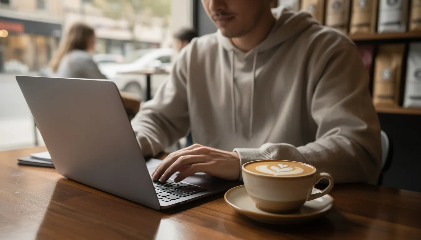A person sits at a coffee shop, focused on their laptop while a latte rests beside them, possibly managing their login credentials with a secure password manager. The ambiance suggests a casual yet productive environment, ideal for tasks like password management and ensuring online security.