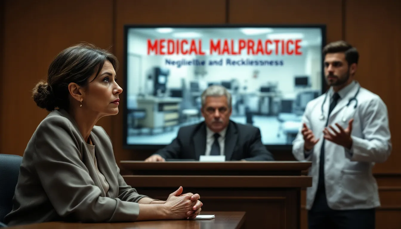 An image depicting a medical malpractice lawsuit scenario, featuring a concerned patient discussing their case with a medical malpractice lawyer in an office setting, surrounded by medical records and legal documents. The atmosphere conveys the seriousness of medical negligence and the importance of seeking fair compensation for medical malpractice victims.