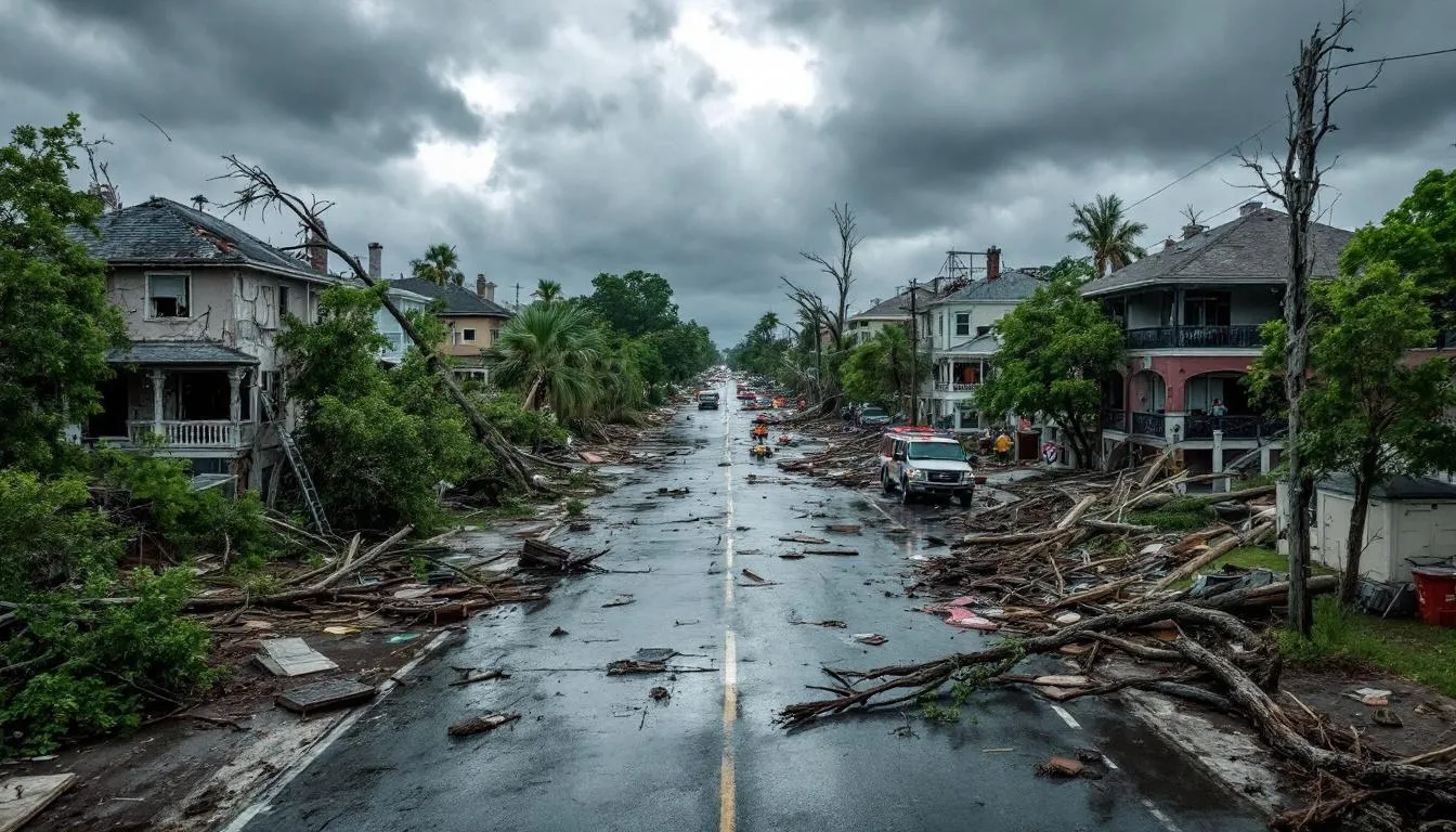 A view of Fort Myers showing the aftermath of hurricane Helene's impact, including damaged structures and debris.