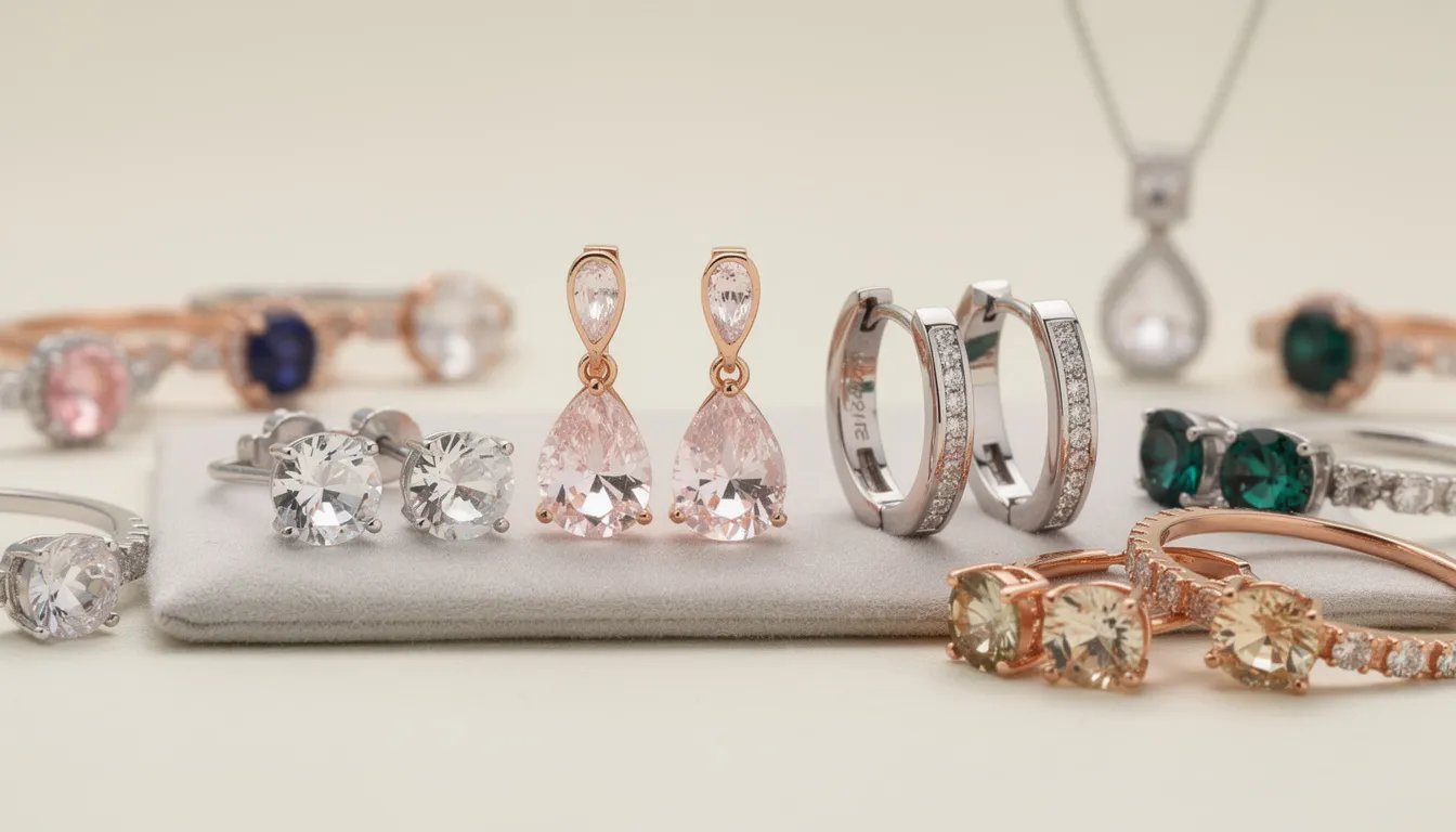 The image showcases a stunning collection of cubic zirconia jewellery, including classic stud earrings, elegant drop earrings, and trendy hoop earrings, all designed to add brilliance and charm to any outfit. The diverse selection features various styles and colors, highlighting the versatility and beauty of zirconia as an affordable alternative to traditional gemstones.