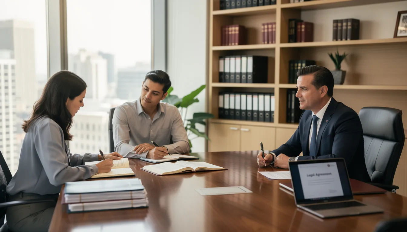 An attorney is meeting with clients in a professional office, reviewing medical records and documents related to a medical malpractice case. The atmosphere is focused and serious, reflecting the importance of addressing issues like surgical errors and medical negligence.