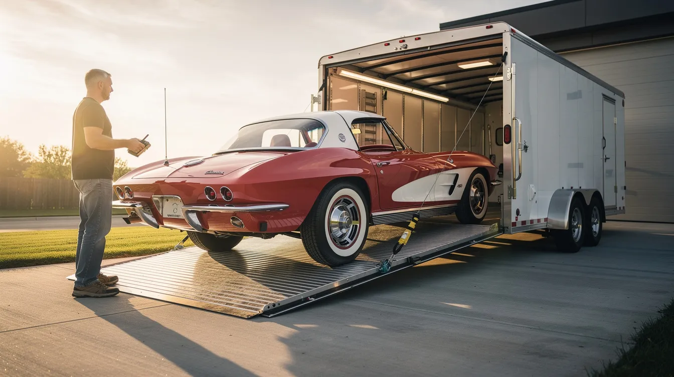 A pristine vintage Corvette is being carefully loaded into an enclosed steel trailer, showcasing the meticulous attention to detail that classic car transport services provide to ensure the vehicle's safety during transit. The enclosed transport offers extra protection for this classic vehicle, highlighting the commitment to maintaining its pristine condition throughout the shipping process.