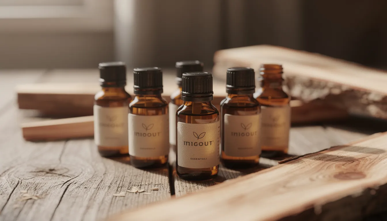 A collection of glass bottles filled with essential oils is neatly arranged on a wooden surface, complemented by rustic cedar planks in the background, creating a serene atmosphere ideal for enhancing your infrared sauna experience and wellness routine.