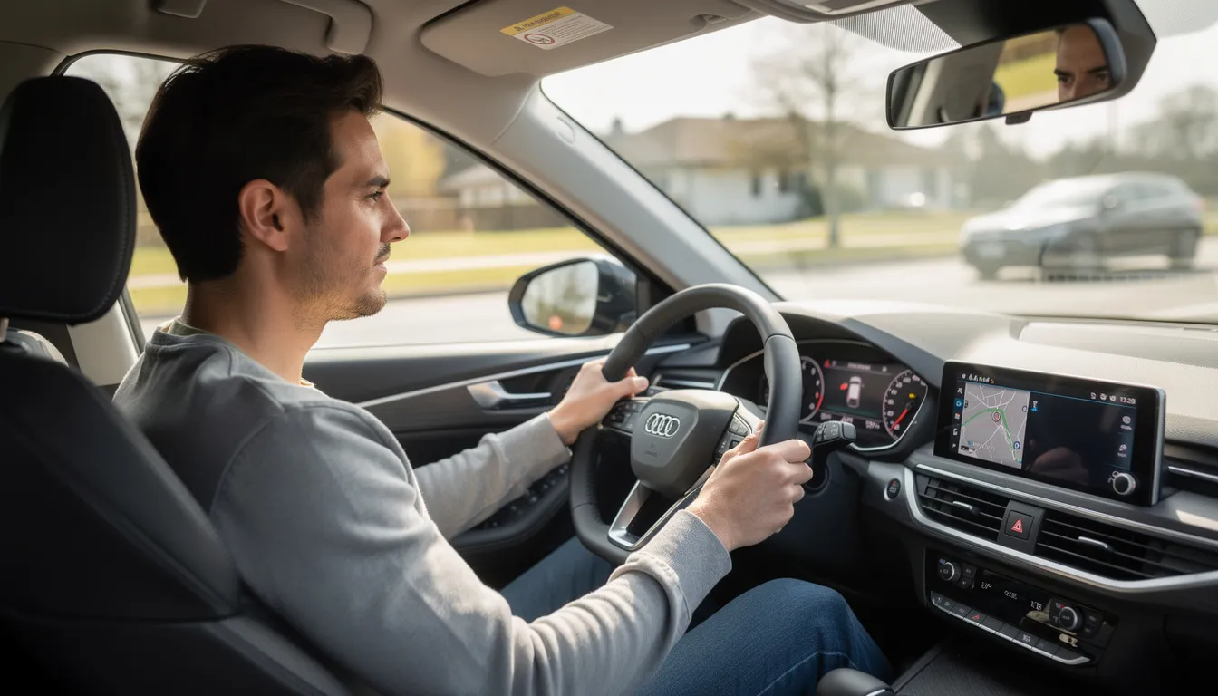 Une personne est au volant d'une voiture moderne lors d'un essai routier, vue depuis le siège passager. On peut apercevoir le tableau de bord et les détails du véhicule, soulignant l'importance de la qualité et de la sécurité dans le choix d'une voiture d'occasion à Namur.