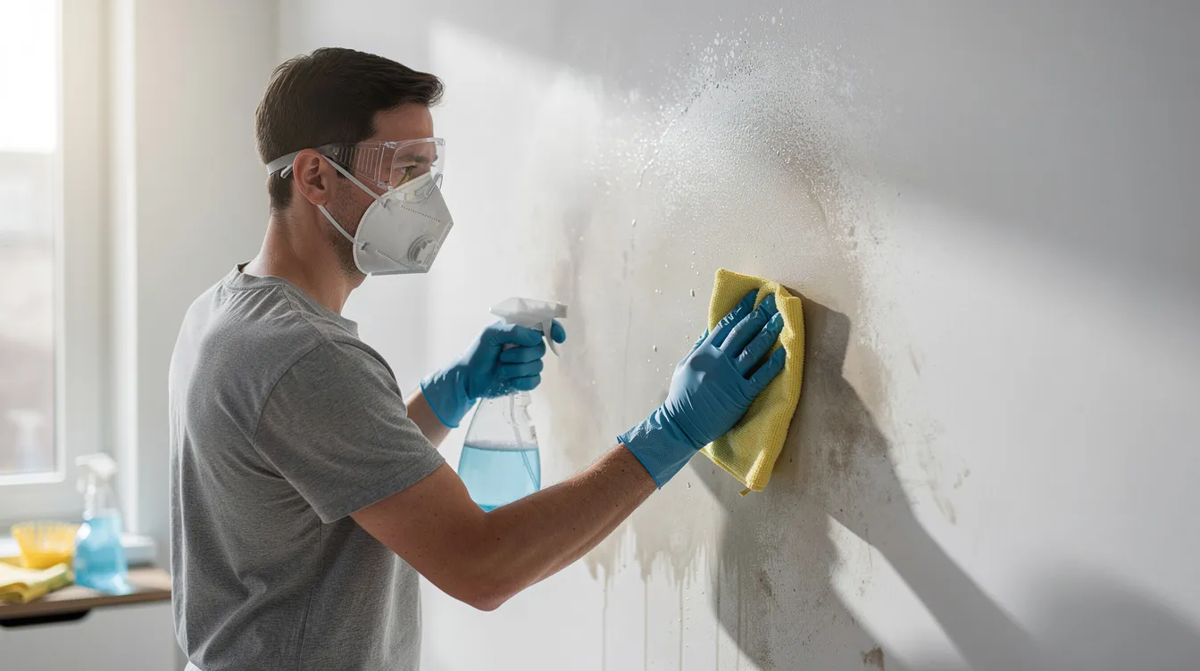 A person wearing a protective mask and gloves is cleaning a wall surface that shows visible mold growth, addressing potential health risks associated with mold exposure. This action is crucial for preventing black mold growth and reducing the risk of allergic reactions and respiratory symptoms.