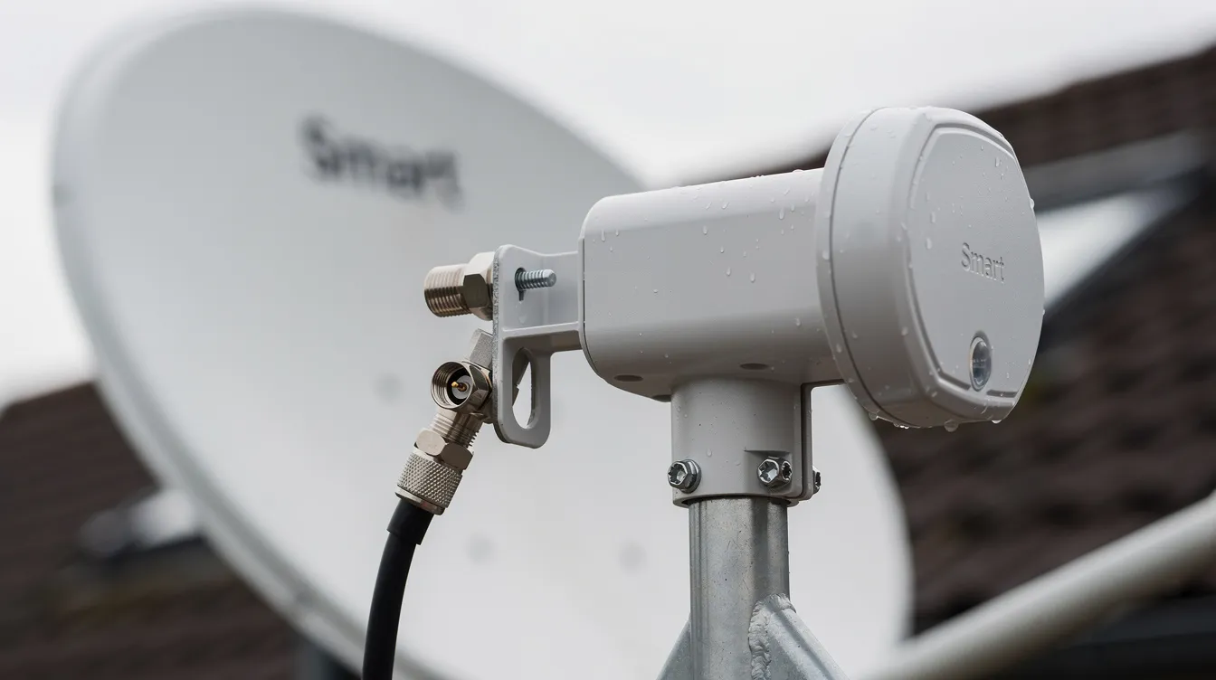 A close-up view of a Smart LNB attached to the arm of a satellite dish, showcasing its sleek design and connection points, essential for optimal signal reception in DSTV installations. This component is crucial for ensuring uninterrupted viewing for users in areas like Great Brak River.