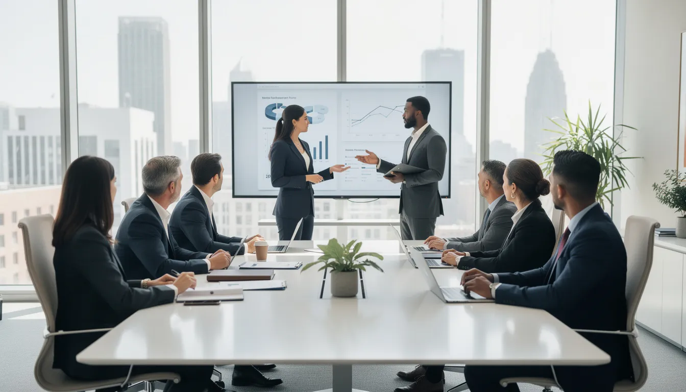 A group of professional business consultants collaborates with a leadership team in a modern conference room, focusing on leadership development and strategic thinking. The atmosphere promotes continuous learning, aiming to enhance leadership skills and foster effective leaders within the organization.