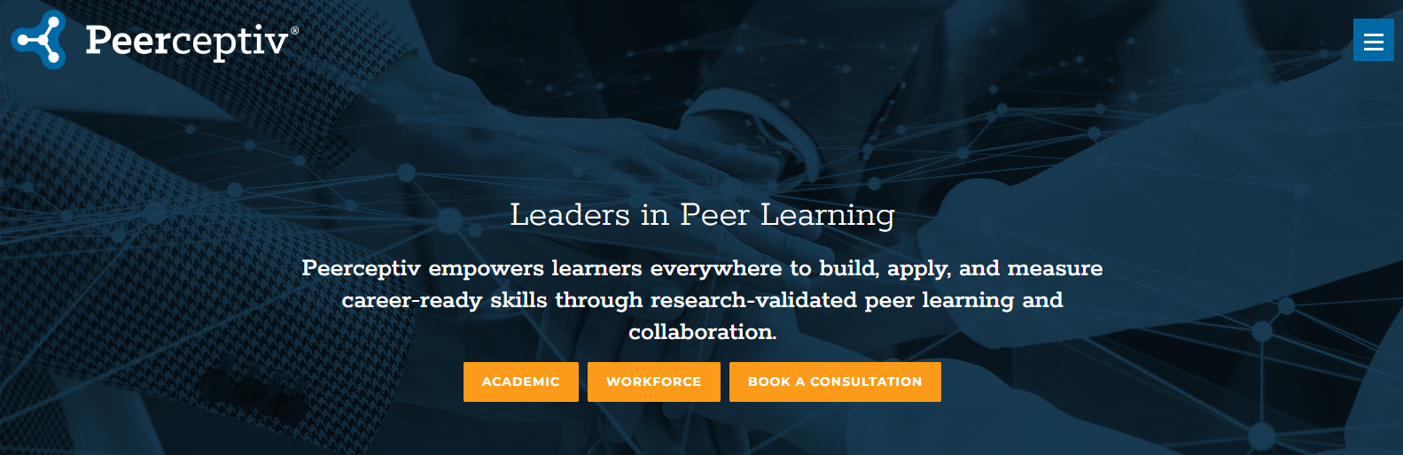 Peerceptiv homepage highlighting a peer learning platform for peer assessment, collaborative feedback, and skill development in higher education and workforce training.
