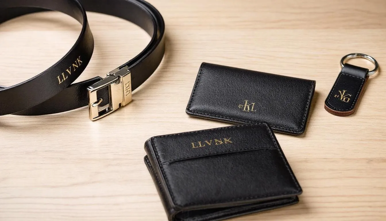 The image showcases a selection of beautifully crafted monogrammed leather accessories, including wallets and keychains, perfect as personalized gifts for special occasions like birthdays or anniversaries. Each item features a unique personal message, making them memorable gifts for loved ones.