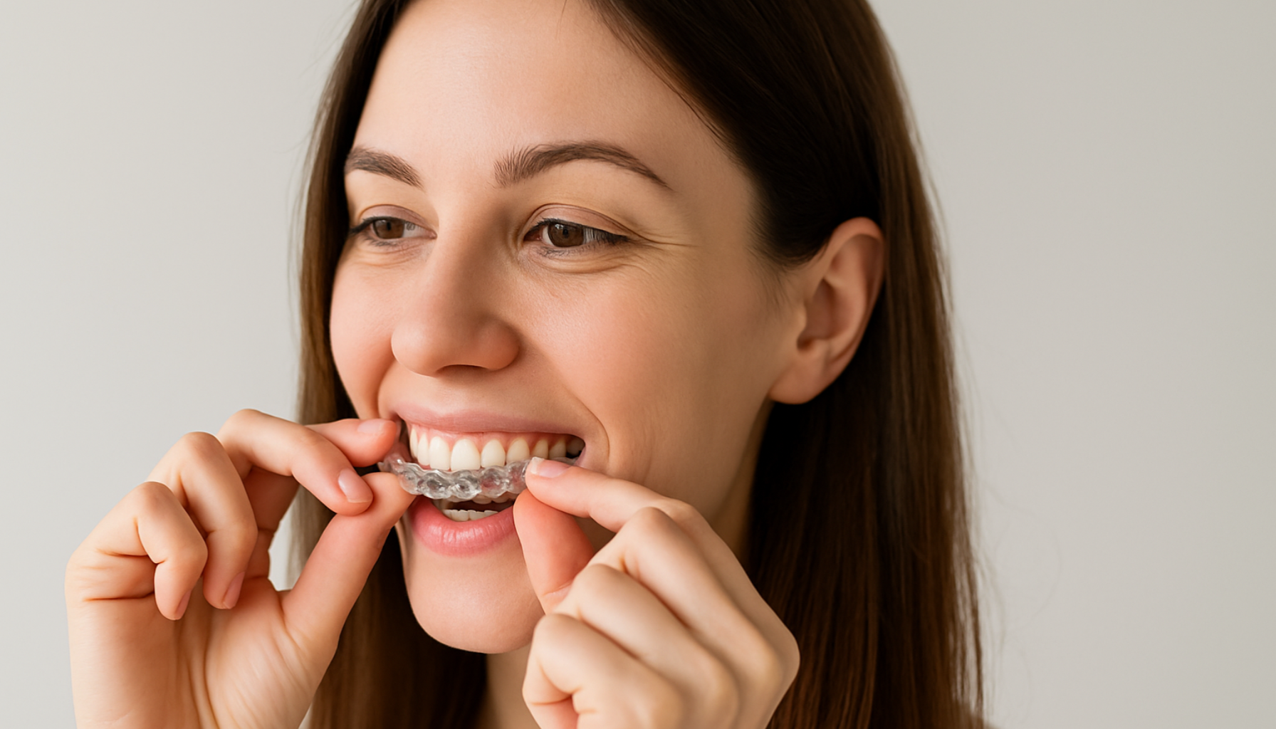 Kvinne med brunt hår setter forsiktig inn en usynlig tannskinne og smiler lett i et lyst rom med nøytral bakgrunn.