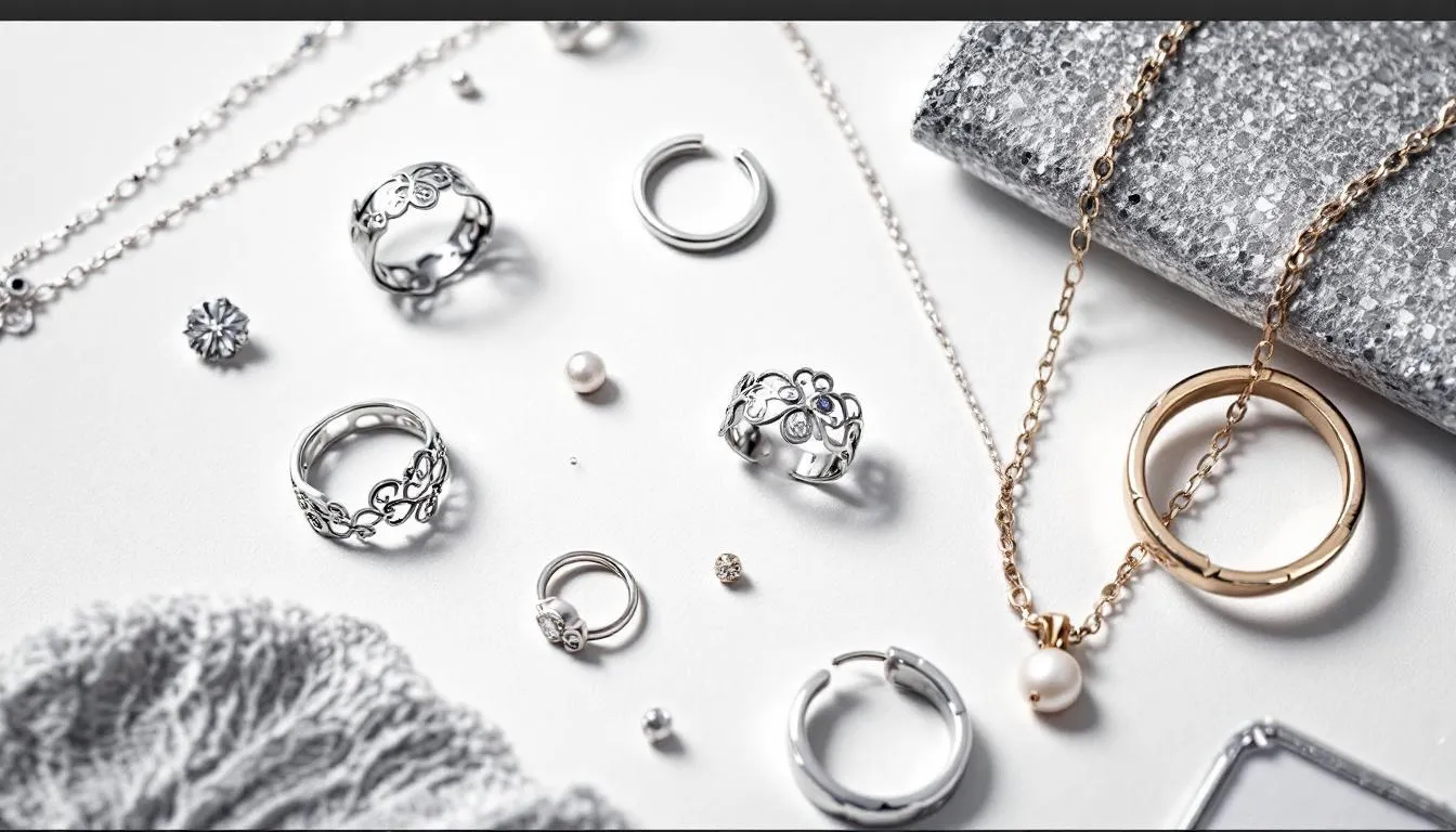 In this image showcasing silver jewellery trends, a collection of sterling silver pieces is displayed, including bold statement chunky rings, delicate layered chains, and charm necklaces. The jewellery features nature-inspired designs and is styled to reflect contemporary aesthetics, perfect for adding a touch of classic elegance to everyday wear.