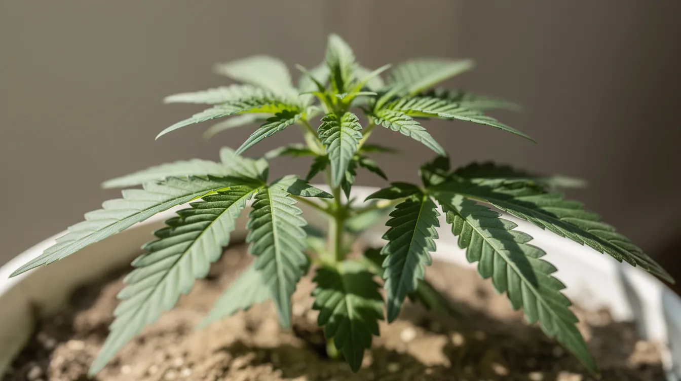 The image shows a young cannabis plant in the vegetative growth phase with several pairs of leaves, thriving in an indoor grow setup under optimal lighting conditions. The plant is actively growing and exhibits the typical characteristics of healthy plant growth during this important phase of its life cycle.
