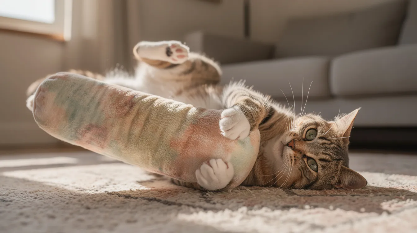 A domestic cat is captured mid-bunny-kick, energetically wrestling a long cylindrical plush toy on the living room floor. The cat's back legs are raised, showcasing its playful behavior as it engages in this natural hunting maneuver, often seen in cats when playing with suitable toys.