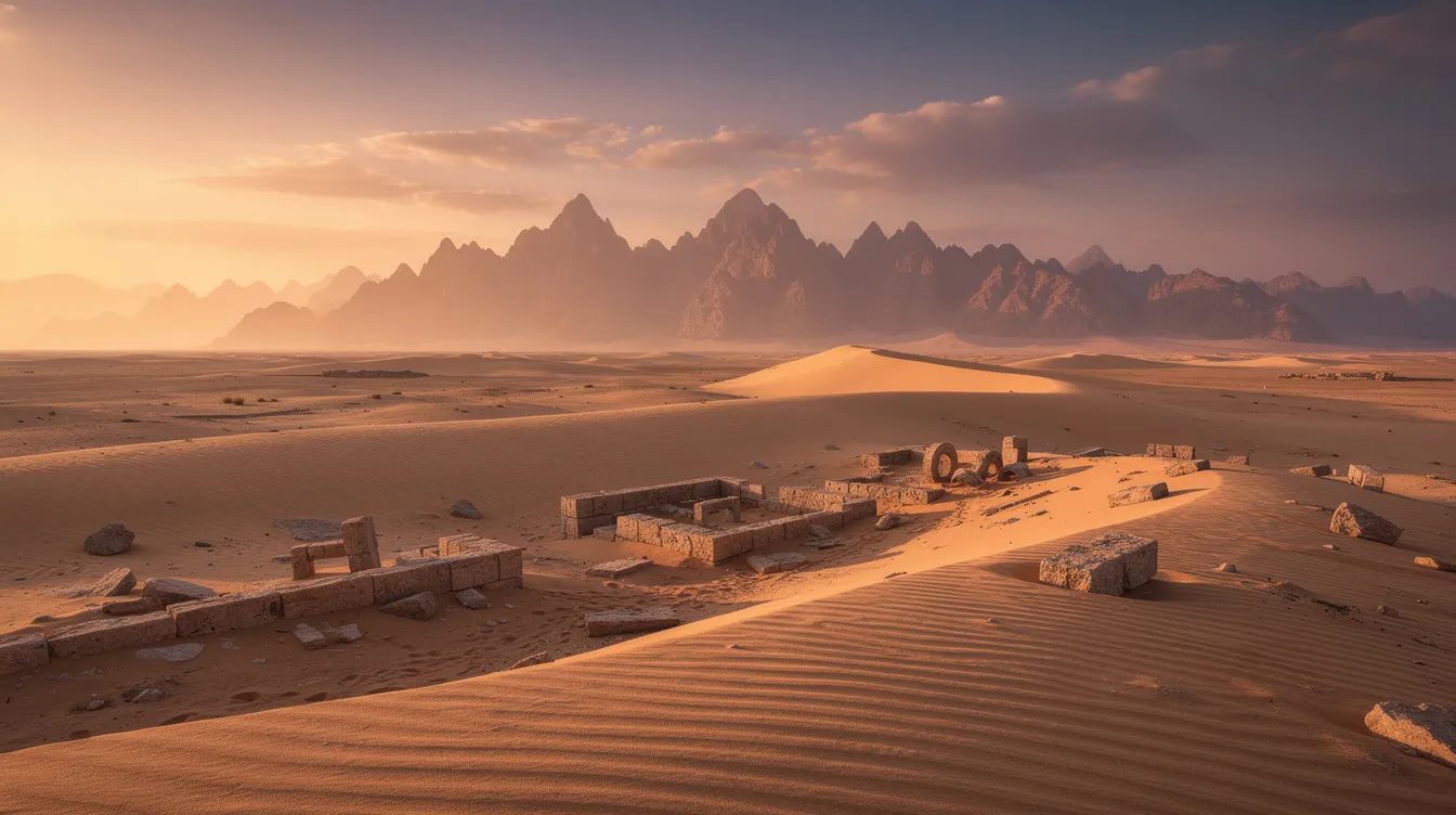 The image depicts an ancient desert landscape bathed in the warm hues of a sunset, with distant mountains silhouetted against the colorful sky. This serene scene evokes a sense of timelessness, reminiscent of stories and narratives found in scripture, reflecting the beauty and meaning of creation in the natural world.