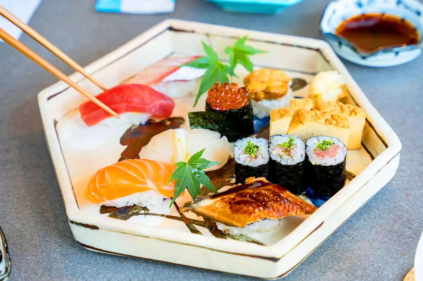 Ganko Sushi Singapore premium sushi platter featuring salmon, tuna, prawns, ikura, tamago and assorted Japanese nigiri and maki