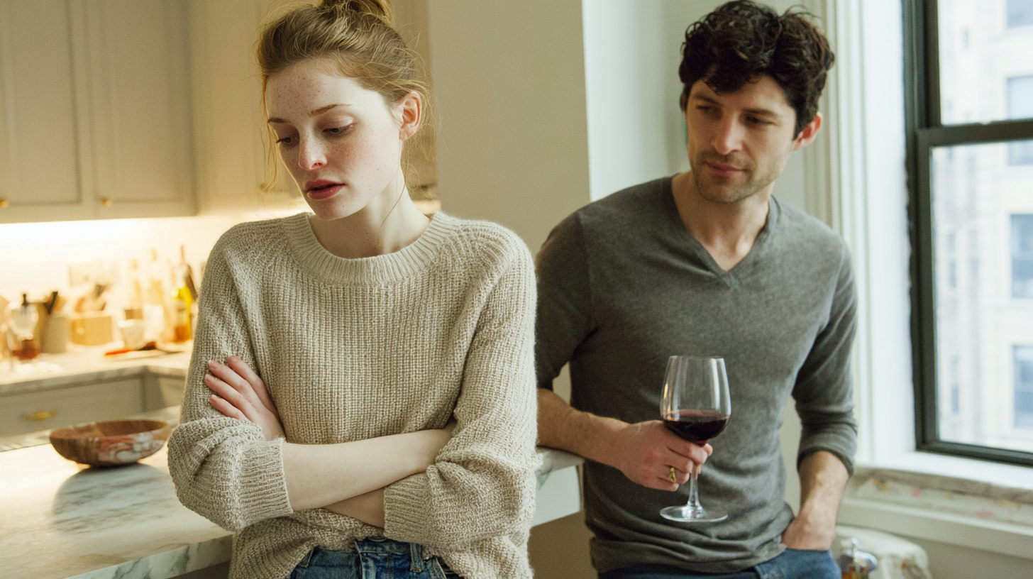 Attractive young heterosexual couple in their Tribeca kitchen on a Sunday night with visible emotional distance, representing the high-achieving NYC couples who pursue Gottman Method couples therapy at New York Therapy online when familiar arguments keep returning.